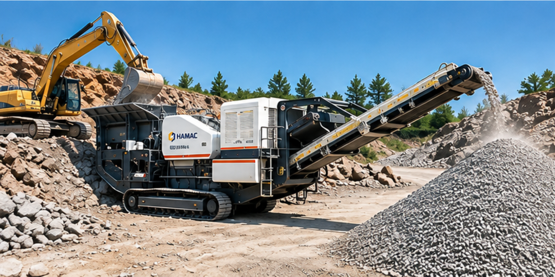 HAMAC tracked mobile crushing plant is operating in a quarry. HAMAC tracked mobile crushing plant is operating in a quarry.