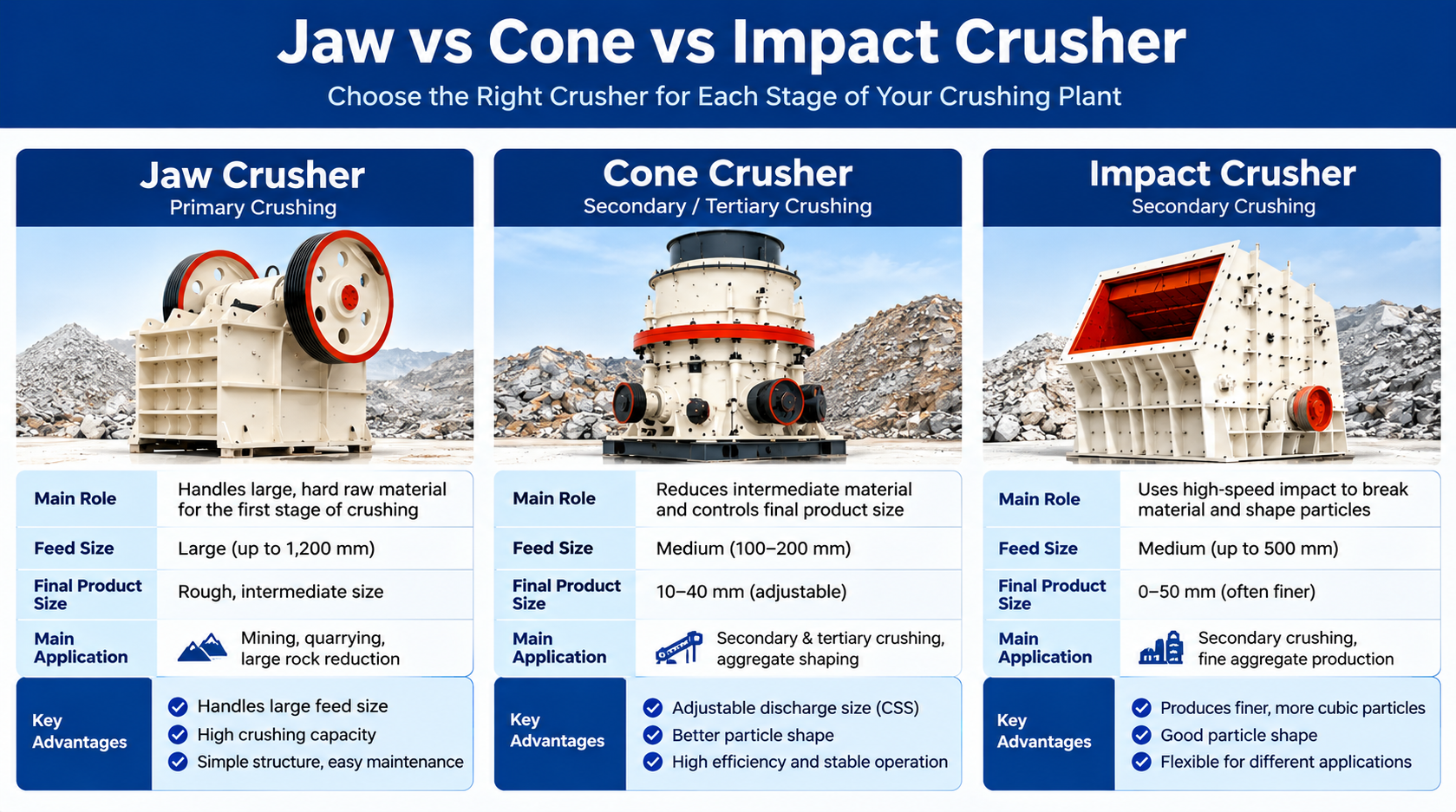 Cone Crusher vs Jaw Crusher vs Impact Crusher Cone Crusher vs Jaw Crusher vs Impact Crusher